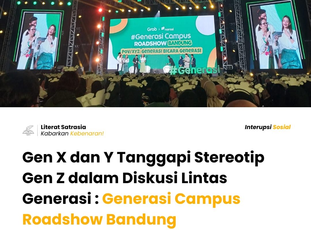 Sampul artikel berjudul "Gen X dan Y Tanggapi Stereotip Gen Z dalam Diskusi Lintas Generasi Generasi Campus Roadshow Bandung" yang dipublikasikan di wesbite literat.my.id