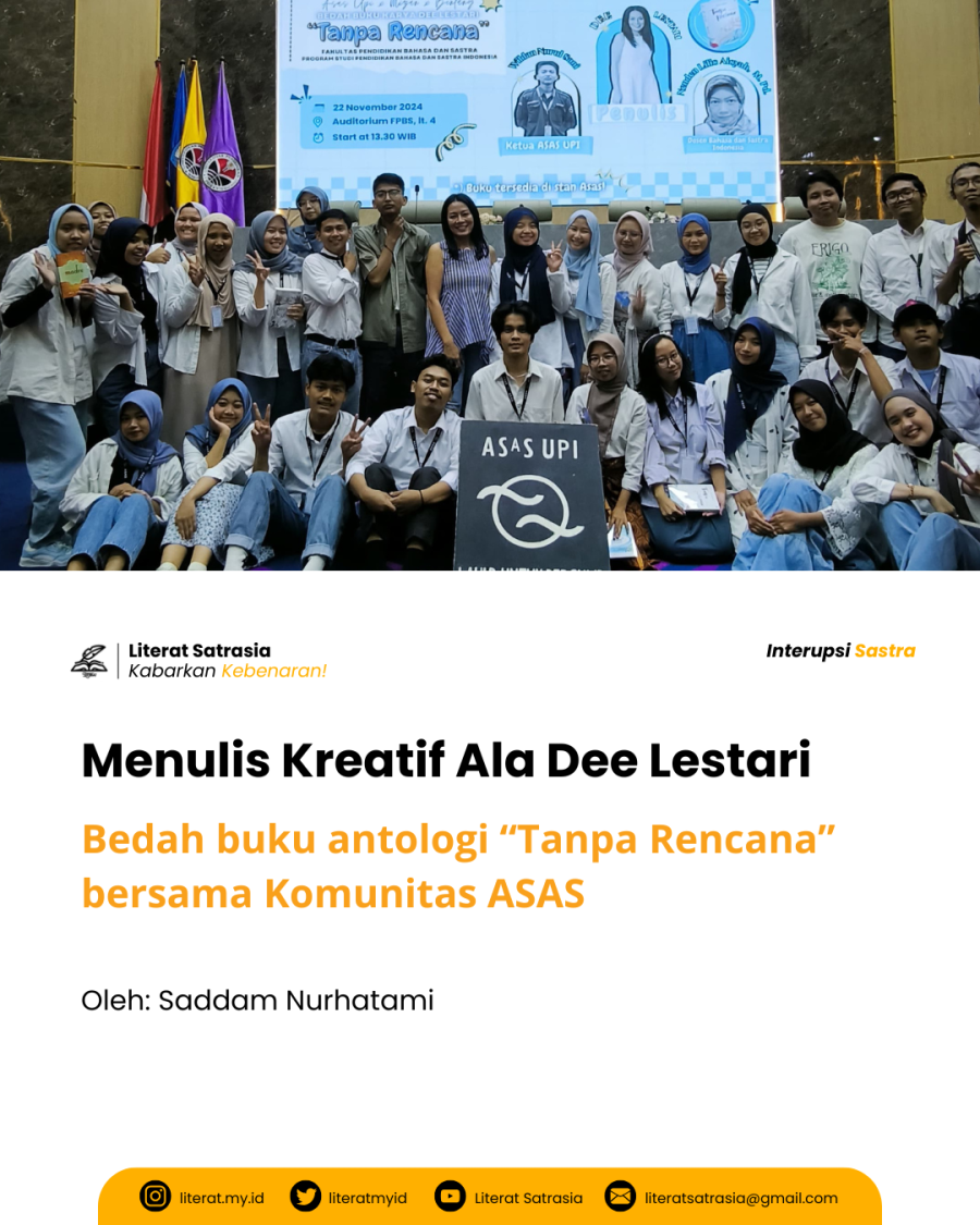 Dee Lestari mendatangi Fakultas Pendidikan Bahasa dan Sastra (FPBSI), Universitas Pendidikan Indonesia (UPI) sekaligus turut membedah buku antalogi "Tanpa Rencana" karyanya.