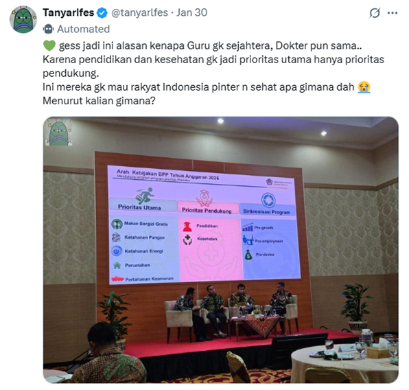 Tangkapan layar unggahan Twitter/X yang menampilkan bocoran anggaran Kemenkeu 2026. Pendidikan dan kesehatan hanya menjadi prioritas pendukung, sementara Makan Bergizi Gratis menjadi program utama.