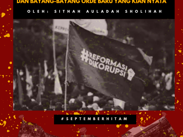 Poster bertema “Enam Tahun #ReformasiDikorupsi” dengan gambar demonstrasi mahasiswa dan bendera bertuliskan #ReformasiDikorupsi.