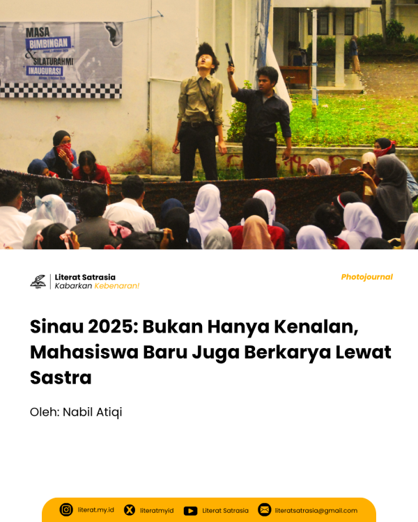 Mahasiswa baru UPI banyak menampilkan dramatisasi puisi di acara Sinau 2025, yakni bagian dari kegiatan silaturahmi dan inaugurasi Hima Satrasia FPBS UPI.